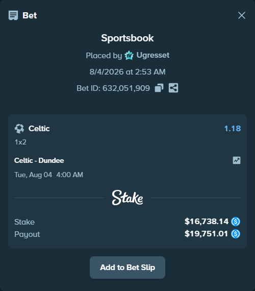 Bet slip: Celtic - Dundee, $16,738.14 stake at 1.18 odds, placed by Ugresset