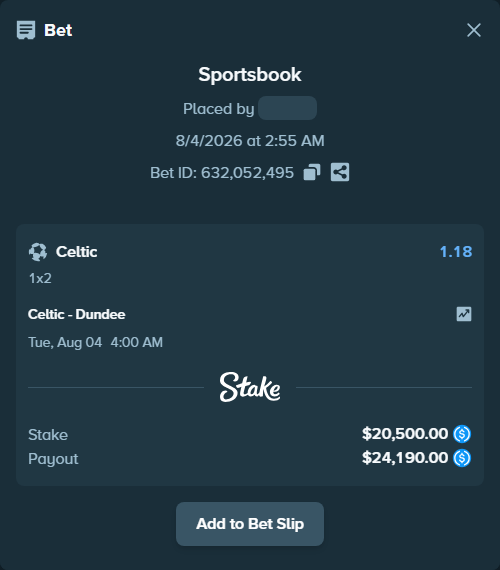 Bet slip: Celtic - Dundee, $20,500.00 stake at 1.18 odds, placed by Duretil05