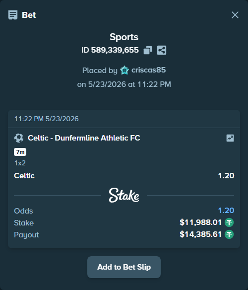 Bet slip: Celtic - Dunfermline Athletic FC, $12,000.00 stake at 1.20 odds, placed by criscas85