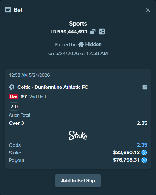 Bet slip: Celtic - Dunfermline Athletic FC, $32,680.13 stake at 2.35 odds, placed by Hidden