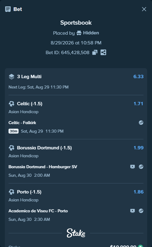 Bet slip: Celtic - Falkirk, $10,000.00 stake at 1.71 odds, placed by Hidden