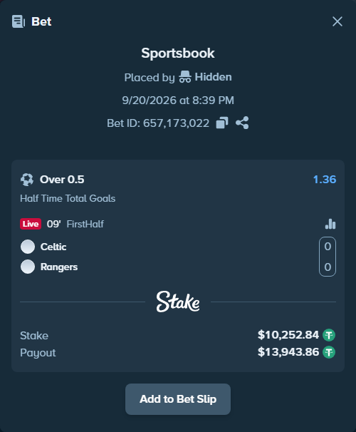 Bet slip: Celtic - Glasgow Rangers, $10,252.84 stake at 1.36 odds, placed by Hidden