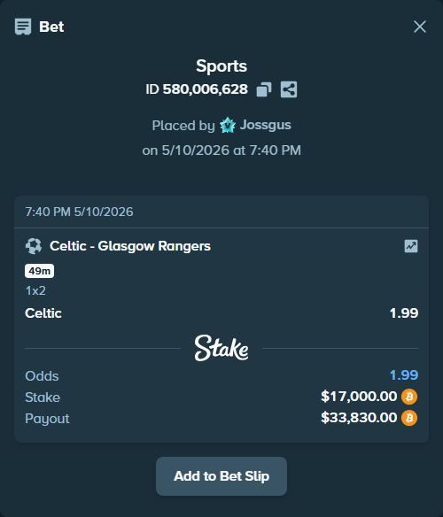 Bet slip: Celtic - Glasgow Rangers, $13,503.53 stake at 1.99 odds, placed by Jossgus