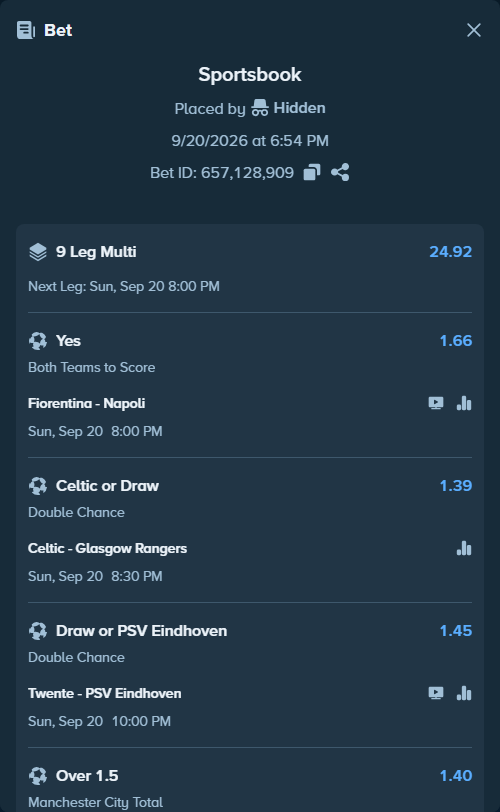 Bet slip: Celtic - Glasgow Rangers, $79,999.00 stake at 1.39 odds, placed by Hidden