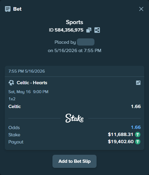 Bet slip: Celtic - Hearts, $11,700.00 stake at 1.66 odds, placed by Snake7