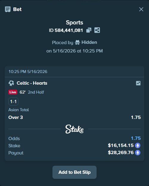 Bet slip: Celtic - Hearts, $12,863.81 stake at 1.75 odds, placed by Hidden