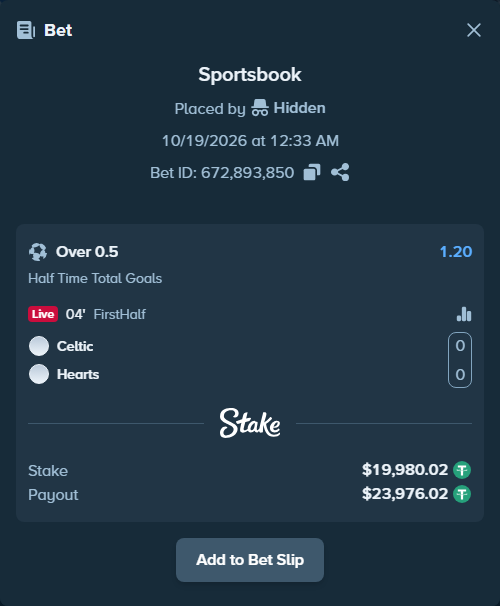 Bet slip: Celtic - Hearts, $20,000.00 stake at 1.20 odds, placed by Hidden