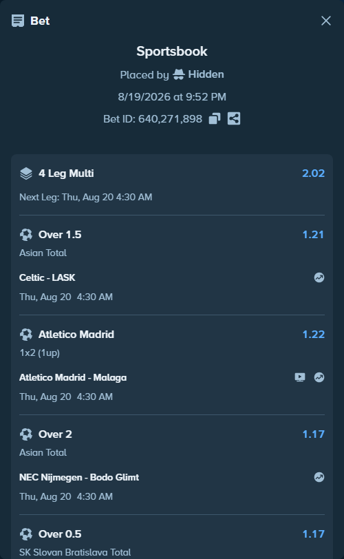 Bet slip: Celtic - LASK Linz, $15,000.00 stake at 1.21 odds, placed by Hidden