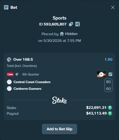 Bet slip: Central Coast Crusaders - Canberra Gunners, $22,714.00 stake at 1.90 odds, placed by Hidden