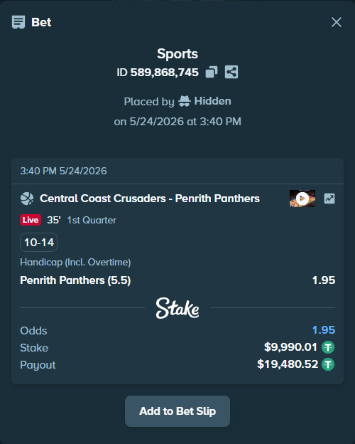 Bet slip: Central Coast Crusaders - Penrith Panthers, $10,000.00 stake at 1.95 odds, placed by Hidden