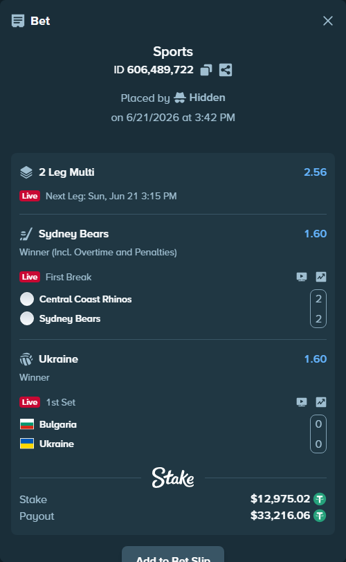 Bet slip: Central Coast Rhinos - Sydney Bears, $12,988.00 stake at 1.60 odds, placed by Hidden