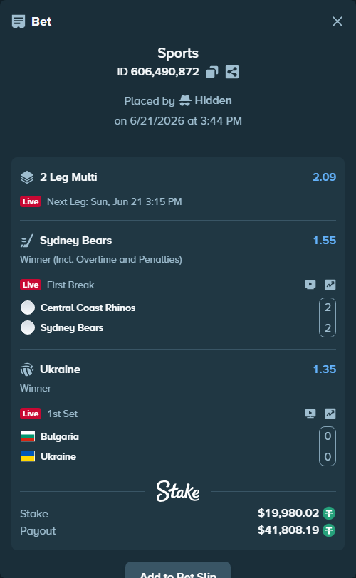 Bet slip: Central Coast Rhinos - Sydney Bears, $20,000.00 stake at 1.55 odds, placed by Hidden