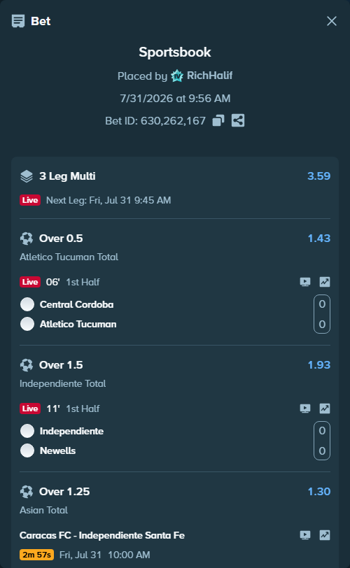 Bet slip: Central Cordoba - Atletico Tucuman, $10,000.00 stake at 1.43 odds, placed by RichHalif