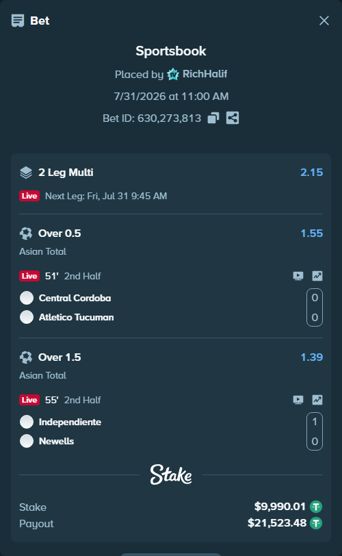 Bet slip: Central Cordoba - Atletico Tucuman, $10,000.00 stake at 1.55 odds, placed by RichHalif