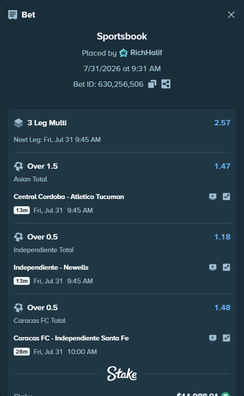Bet slip: Central Cordoba - Atletico Tucuman, $12,000.00 stake at 1.47 odds, placed by RichHalif