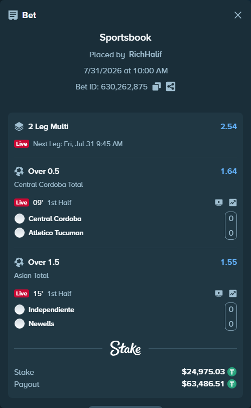 Bet slip: Central Cordoba - Atletico Tucuman, $25,000.00 stake at 1.64 odds, placed by RichHalif