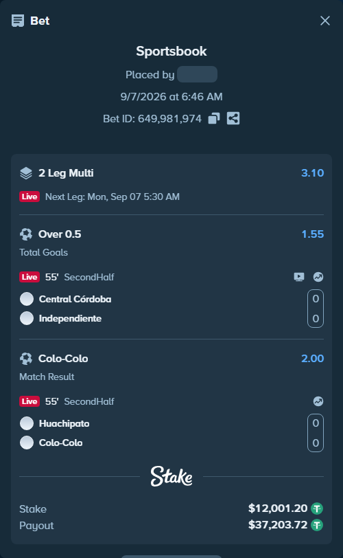 Bet slip: Central Cordoba - Independiente, $12,000.00 stake at 1.55 odds, placed by KOHINUR7474