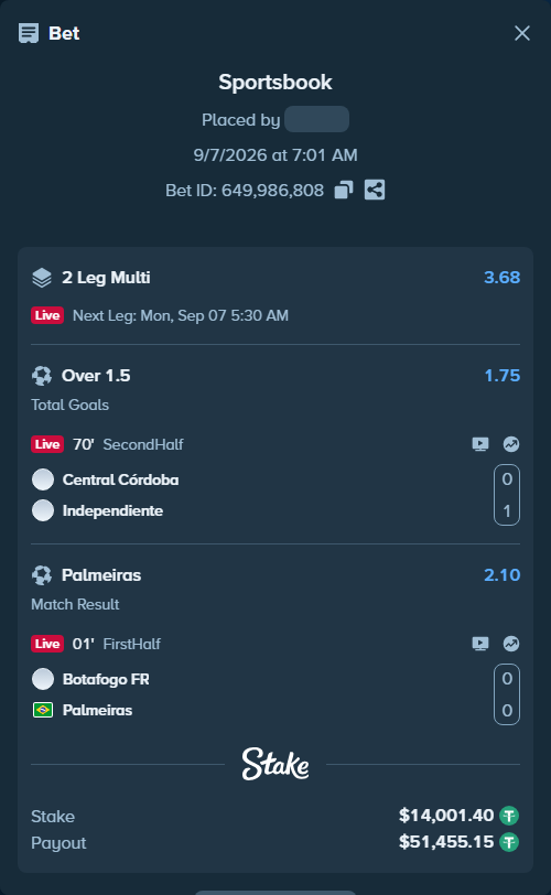 Bet slip: Central Cordoba - Independiente, $14,000.00 stake at 1.75 odds, placed by KOHINUR7474