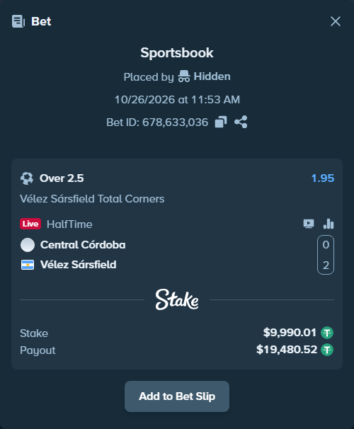 Bet slip: Central Cordoba - Velez Sarsfield, $10,000.00 stake at 1.95 odds, placed by Agus1033
