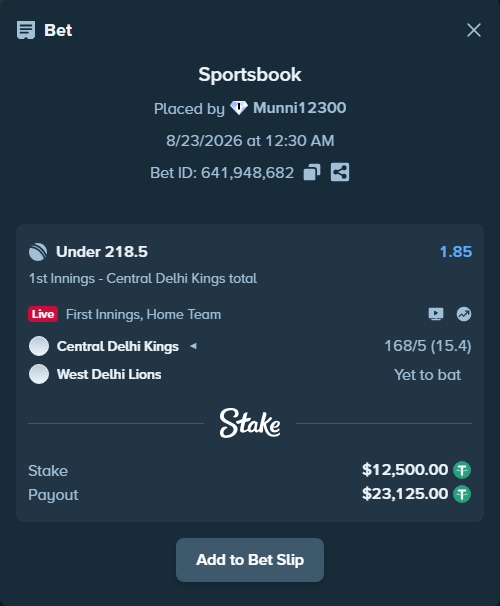 Bet slip: Central Delhi Kings - West Delhi Lions, $12,500.00 stake at 1.85 odds, placed by Munni12300