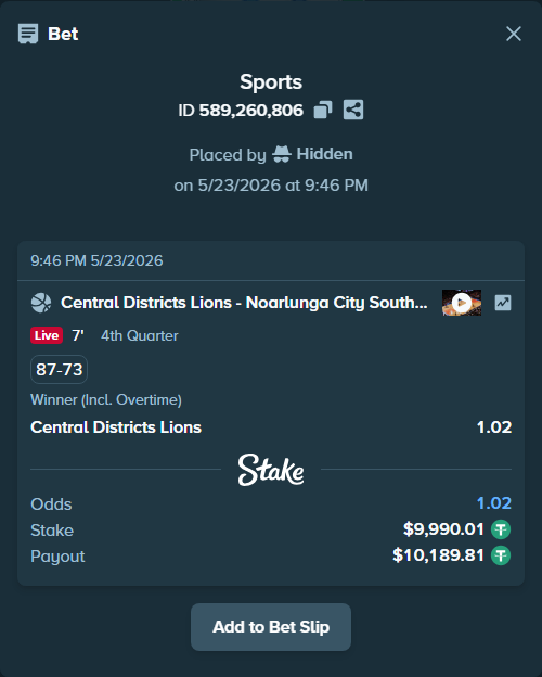Bet slip: Central Districts Lions - Southern Tigers, $10,000.00 stake at 1.02 odds, placed by Hidden