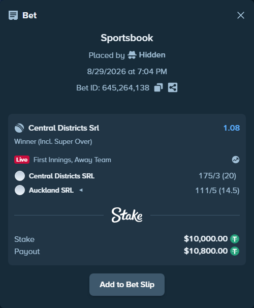 Bet slip: Central Districts SRL - Auckland SRL, $10,000.00 stake at 1.08 odds, placed by Hidden