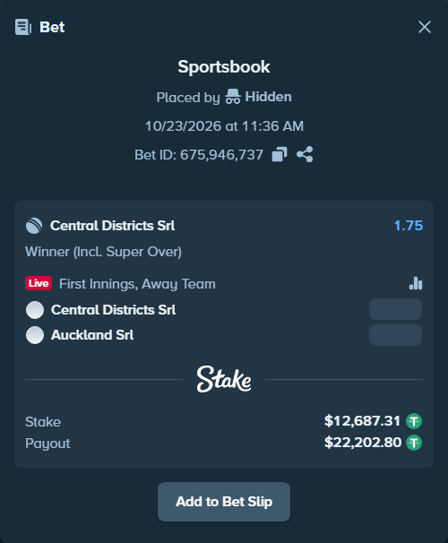 Bet slip: Central Districts SRL - Auckland SRL, $12,700.00 stake at 1.75 odds, placed by joshuahahn