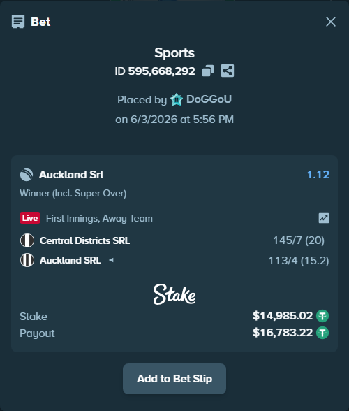 Bet slip: Central Districts SRL - Auckland SRL, $15,000.00 stake at 1.12 odds, placed by DoGGoU