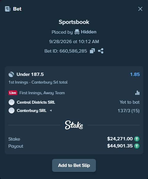 Bet slip: Central Districts SRL - Canterbury SRL, $24,271.00 stake at 1.85 odds, placed by Hidden
