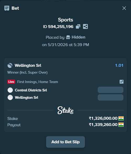 Bet slip: Central Districts SRL - Wellington SRL, $15,912.00 stake at 1.01 odds, placed by Hidden