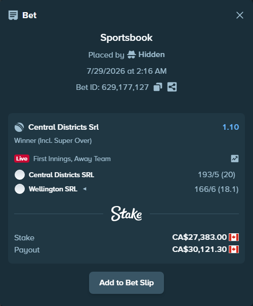 Bet slip: Central Districts SRL - Wellington SRL, $20,263.42 stake at 1.10 odds, placed by Hidden