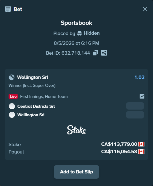 Bet slip: Central Districts SRL - Wellington SRL, $84,196.46 stake at 1.02 odds, placed by Hidden