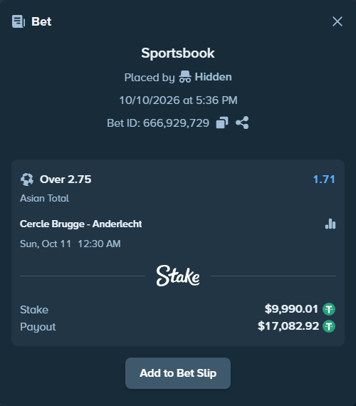 Bet slip: Cercle Brugge - Anderlecht, $10,000.00 stake at 1.71 odds, placed by Hidden