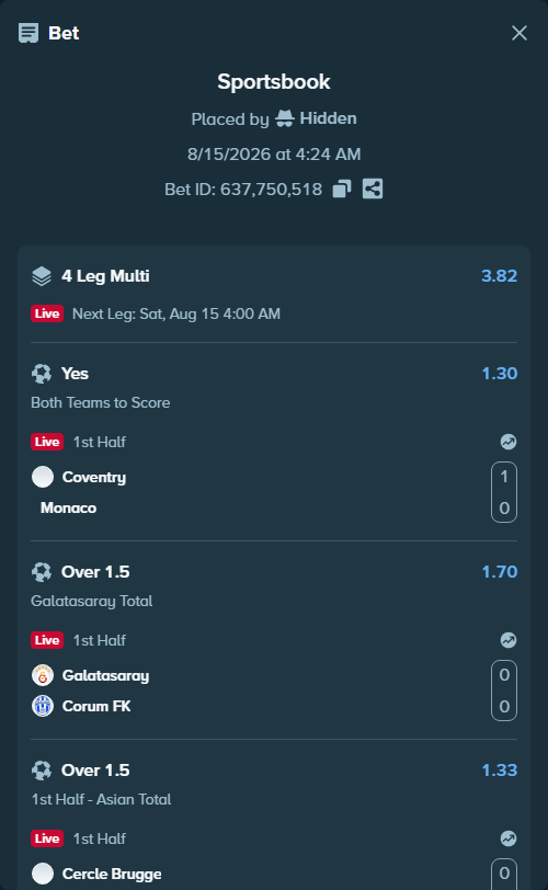 Bet slip: Cercle Brugge - St Truidense, $30,030.00 stake at 1.33 odds, placed by Hidden