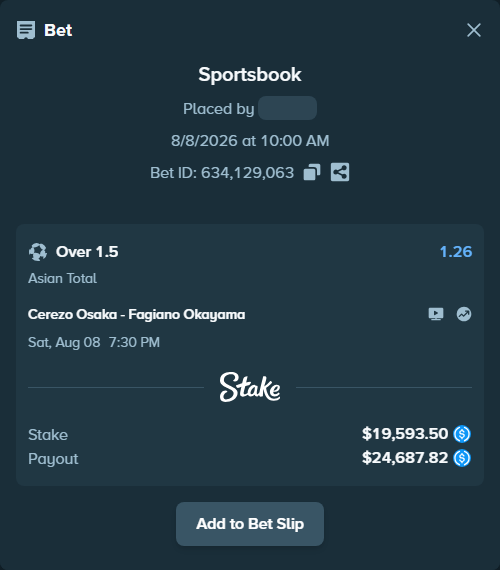 Bet slip: Cerezo Osaka - Fagiano Okayama, $19,593.50 stake at 1.26 odds, placed by Fekah4