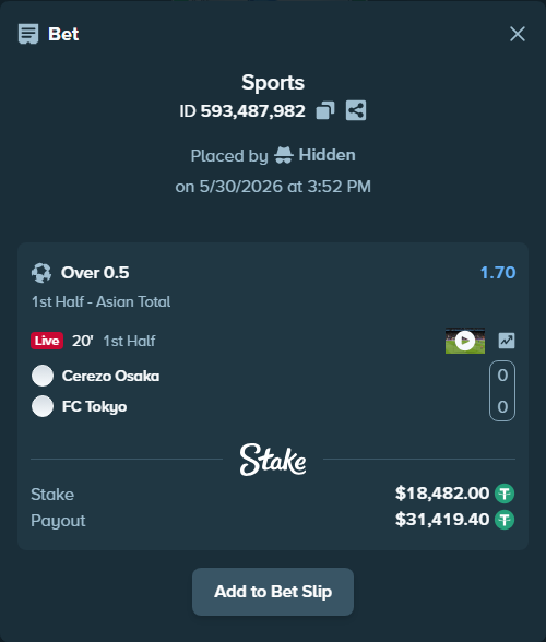 Bet slip: Cerezo Osaka - FC Tokyo, $18,500.48 stake at 1.70 odds, placed by Hidden