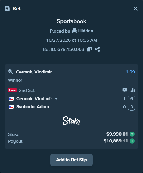 Bet slip: Cermak, Vladimir - Svoboda, Adam, $10,000.00 stake at 1.09 odds, placed by Hidden
