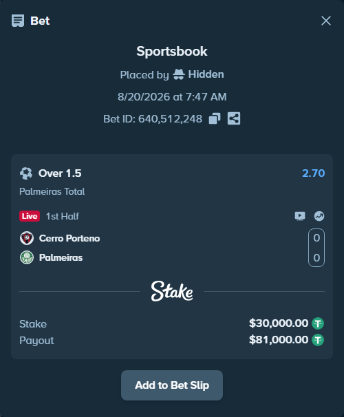 Bet slip: Cerro Porteno - Palmeiras, $30,000.00 stake at 2.70 odds, placed by Hidden