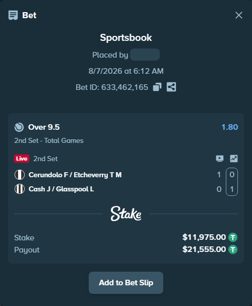 Bet slip: Cerundolo F / Etcheverry T - Cash J / Glasspool L, $11,986.97 stake at 1.80 odds, placed by kuwkuw