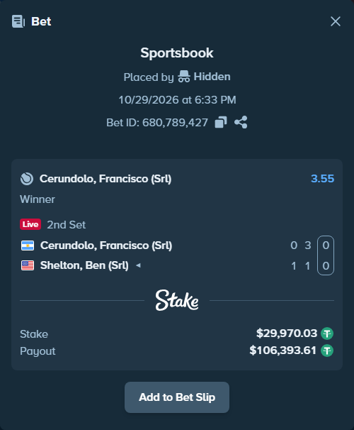 Bet slip: Cerundolo, Francisco (Srl) - Shelton, Ben (Srl), $30,000.00 stake at 3.55 odds, placed by Hidden