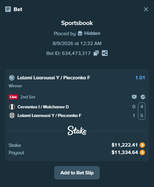 Bet slip: Cervantes I / Molchanov D - Lalami Laaroussi Y / Pieczonka F, $11,218.82 stake at 1.01 odds, placed by Hidden