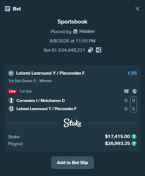 Bet slip: Cervantes I / Molchanov D - Lalami Laaroussi Y / Pieczonka F, $17,432.41 stake at 1.55 odds, placed by Hidden