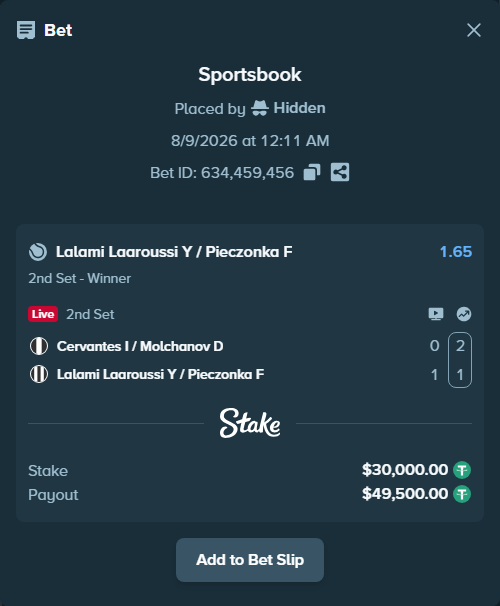 Bet slip: Cervantes I / Molchanov D - Lalami Laaroussi Y / Pieczonka F, $30,030.00 stake at 1.65 odds, placed by Hidden