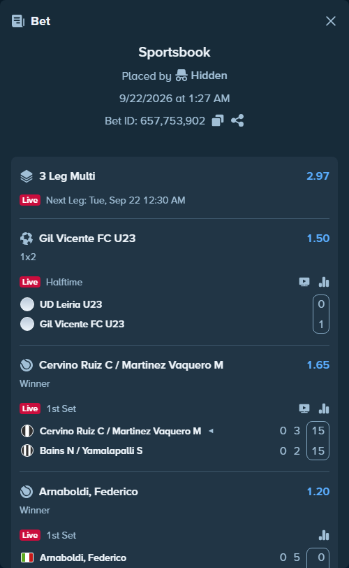 Bet slip: Cervino Ruiz C / Martinez Vaquero M - Bains N / Yamalapalli S, $10,363.00 stake at 1.65 odds, placed by Hidden