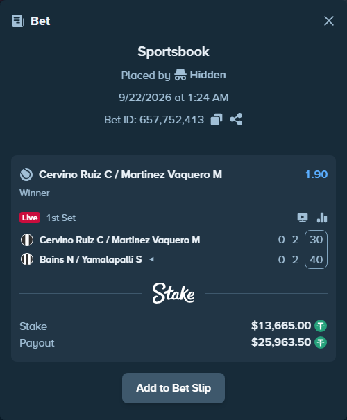 Bet slip: Cervino Ruiz C / Martinez Vaquero M - Bains N / Yamalapalli S, $13,665.00 stake at 1.90 odds, placed by Hidden