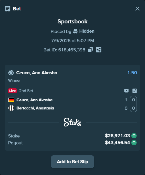 Bet slip: Ceuca, Ann Akasha - Bertacchi, Anastasia, $29,000.00 stake at 1.50 odds, placed by Hidden
