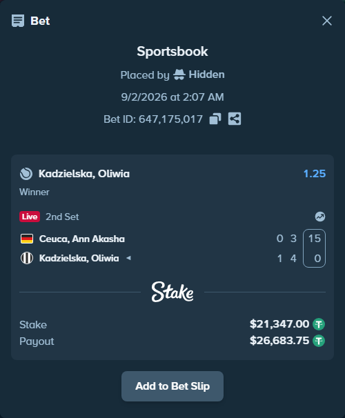 Bet slip: Ceuca, Ann Akasha - Kadzielska, Oliwia, $21,347.00 stake at 1.25 odds, placed by Hidden