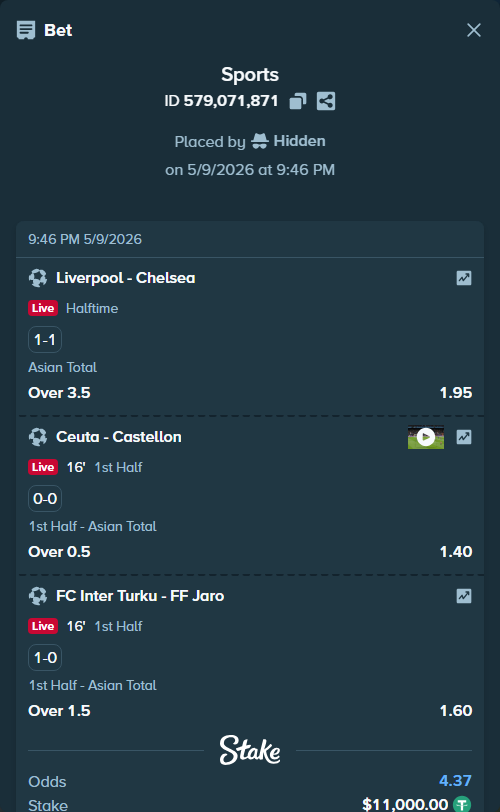 Bet slip: Ceuta - Castellon, $11,000.00 stake at 1.40 odds, placed by Hidden