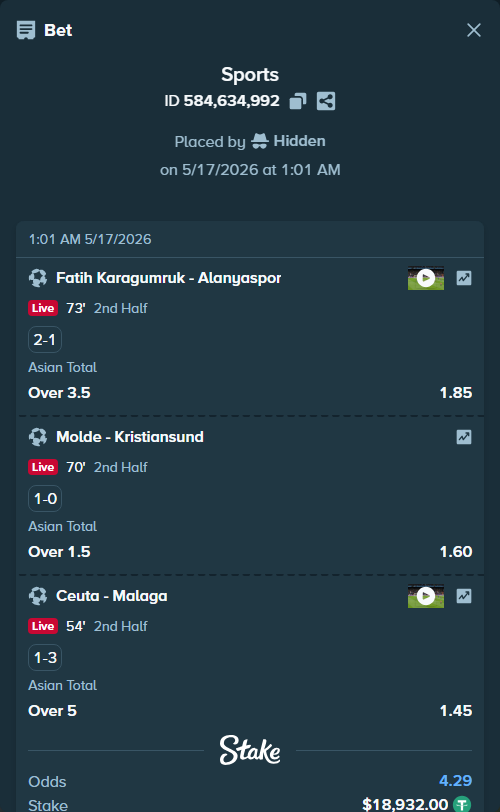 Bet slip: Ceuta - Malaga, $18,950.93 stake at 1.45 odds, placed by Hidden