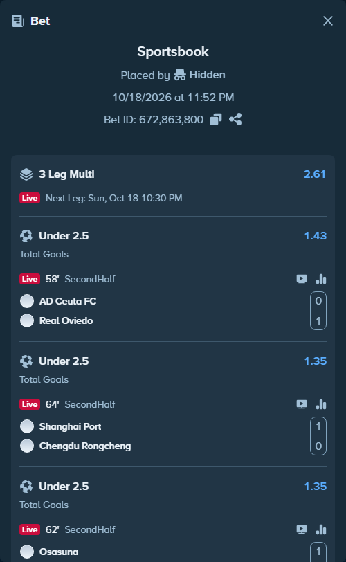 Bet slip: Ceuta - Real Oviedo, $20,000.00 stake at 1.43 odds, placed by Prof200